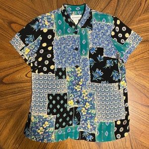 Vintage Women’s Aimee D Petite Button Down Blouse Blue & Black Block Print Sm